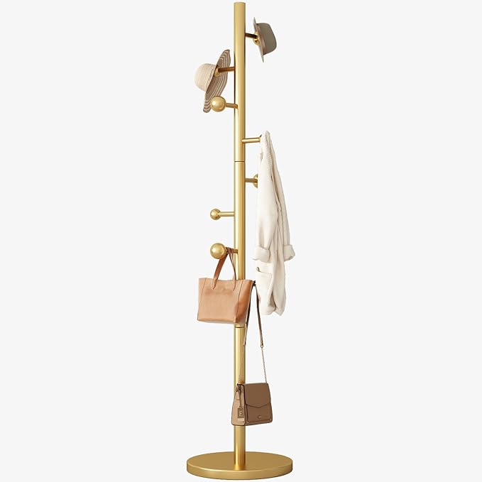 Coat Rack Freestanding Coat Tree with 8 Hooks Heavy Duty Coats Hanger Stand Metal Coats Rack Stand for Jacket Hat Clothes Bag Stainless Steel Hall Tree Hat Racks for Entryway Bedroom, Gold