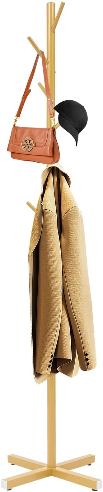 Freestanding Iron Coat Rack with 7 Hooks, Tree-Shaped Clothes Tree Stand for Entryway & Hallway, 68.11in Heights, Durable Metal Coat Rack with Easy Assembly (Gold)