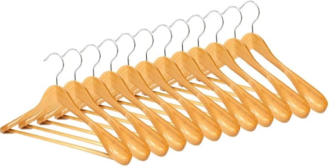 12 Pack Wide Shoulder Wooden Hangers, Suit Hangers with Non Slip Pants Bar, Smooth Finish 360° Swivel Hook Solid Wood Coat Hangers for Dress, Jacket, Pants, Heavy Clothes Hangers(Natural 12PCS)