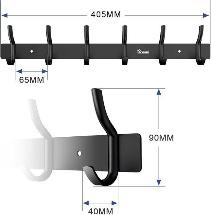 Coat Hanger Clothes Rack 6 Hooks Heavy Duty Clothes Hat Holder Aluminum Alloy Black