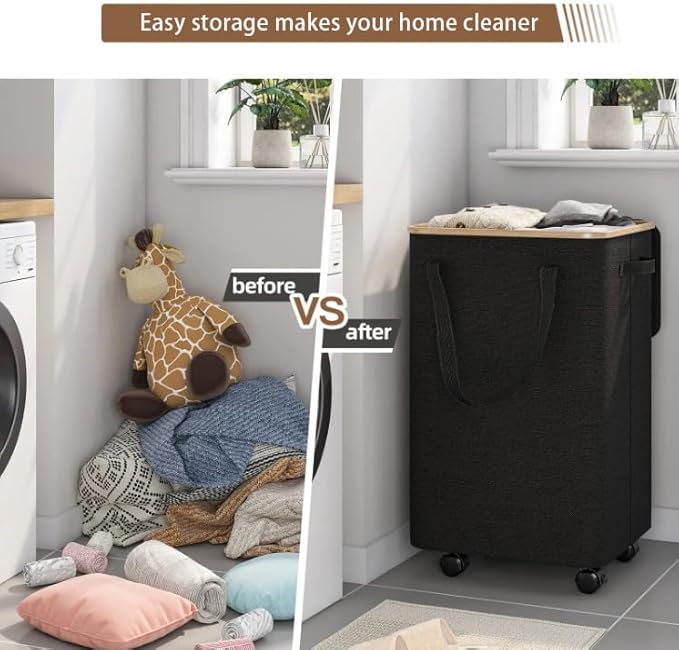 Large Laundry Basket with Wheels,100L Tall Laundry Hamper with Lid and Removable Liner Bag,Collapsible Dirty Clothes Hamper for Bathroom,Bedroom,Dorm & Laundry Room,Black