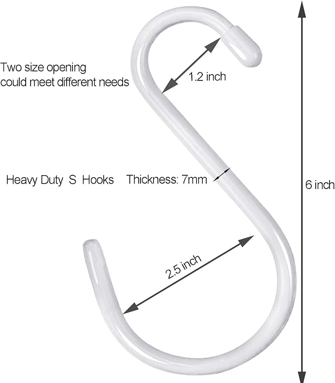 6 inch Non Slip Rubber Coated White S Hook Heavy Duty,6 Pack Large Vinyl Coated S Hooks, Metal S Shaped Hanger Hooks for Hanging Plants Outdoor,Closet Rod,Jeans, Pot Pan Cups Towels Hats