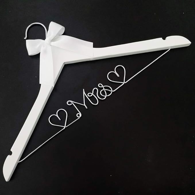 Bridal Dress Hanger Solid Wood Dress Hangers Mrs Letter Hanger Wedding Gift (White Coat Hanger Silver Wire)