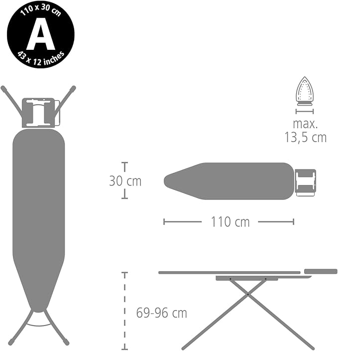 Brabantia Size A Compact Small Ironing Board (43x12 in) 7 Height Options, Adjustable Steam Iron Rest Holder (New Dawn) Non-Slip Feet, Anti-Collapse Child Locks