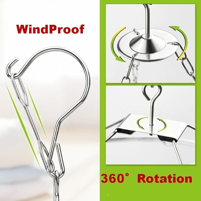 Quick Release Stainless Steel Laundry Drying Rack with Clips, Swivel Hook Wind-Proof Clothes Hanger Rack for Sock, Bras, Underwear, Laundry (Rectangle 30 Clips)