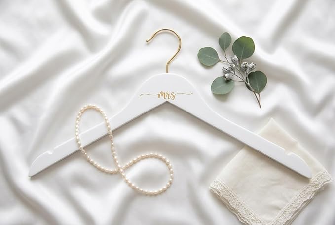 Mrs Hanger Engraved Gold | White Wood Wedding Hanger | Bridal Getting Ready Photo Prop | Wedding Dress Hanger | Bride Gift