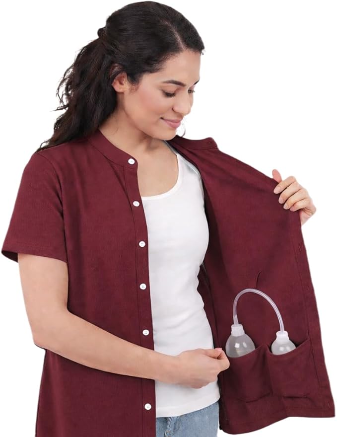 USBD Post Mastectomy Shirt with Drain Pockets Band Collar Post Op Recovery Tops