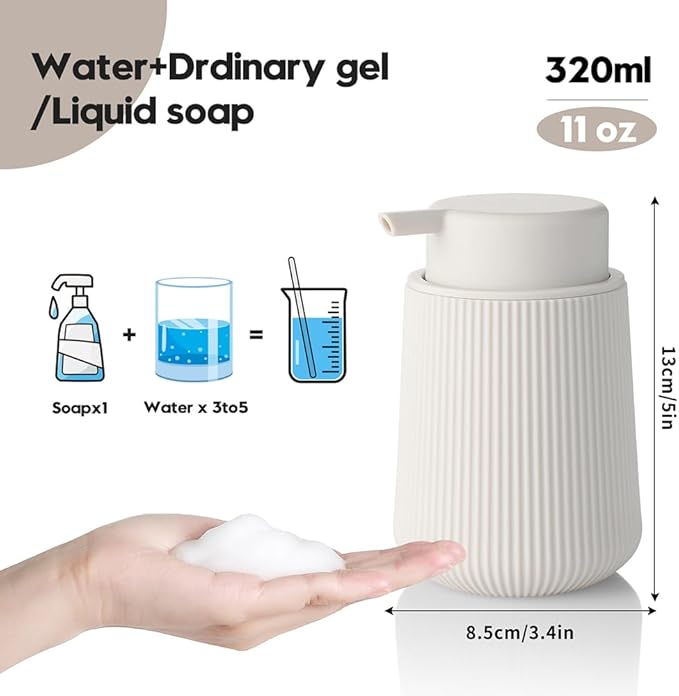Striped Foaming Hand Soap Dispenser with Leak-Proof Pump for Bathroom and Kitchen Countertop 11oz Beige