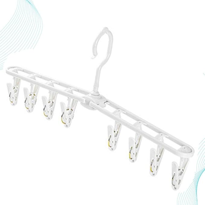 Foldable Windproof Clips Drying Rack for Socks and Underwear, Portable Plastic Hanger with 8 Clips for Laundry and Travel, White