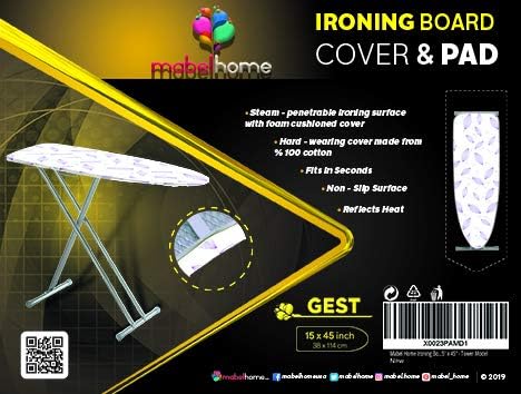 Mabel Home Ironing Board Padded Cover, 100% Cotton (6 Different Size & Pattern) (15" x 45" / Ergo)