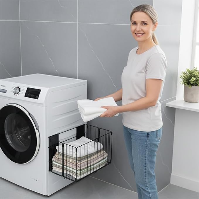 Magnetic Collapsible Laundry Basket, Foldable Metal Laundry Hamper for Washing Machine Side, Space Saving Pop Up Hamper, Laundry Room Organization and Storage (Black)