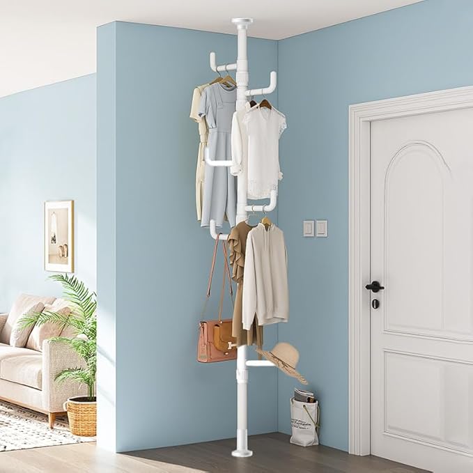 Easy to Setup Adjustable Clothes Stand Space Saving Drying Rack Coat Hanger DIY Floor to Ceiling Tension Rod Storage Organizer for Bedroom, Balcony, Bathroom, Hallway (White)