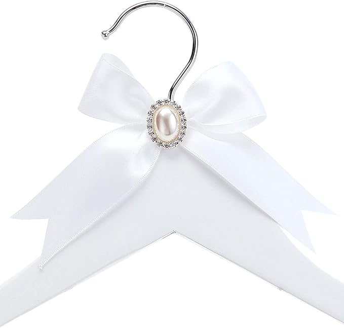 White Solid Wood Bridal Dress Hanger with Bridal Wire Lettering for Bridal Wedding Party Gift (White Coat Hanger Pearl Silver Thread)