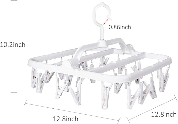 Foldable Plastic Hangers with 26 Drying Clips, Underwear Hanger with Clips, Plastic Laundry Clip and Drip Drying Hanger for Socks, Bras, Lingerie, Clothes, Sturdy, White, 2pc