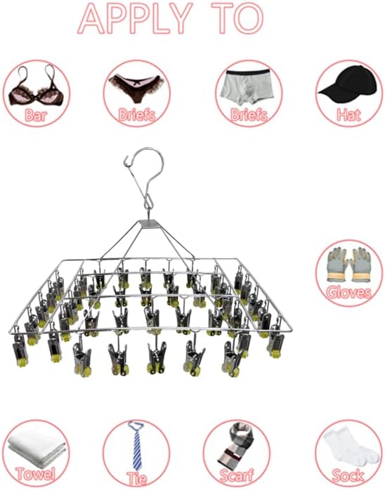 Quick Release Stainless Steel Laundry Drying Rack with Clips, Swivel Hook Wind-Proof Clothes Hanger Rack for Sock, Bras, Underwear, Laundry (Rectangle 40 Clips)