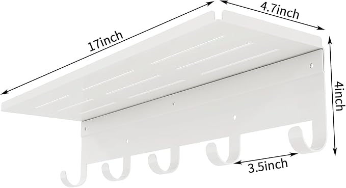 Shelf with Hooks, 17 Inch Coat Rack Wall Mount with 5 Hooks with Shelf, Metal Entryway Coat Hangers Storage Clothes, Bags, Purse, Keys for Living Room, Bedroom, White