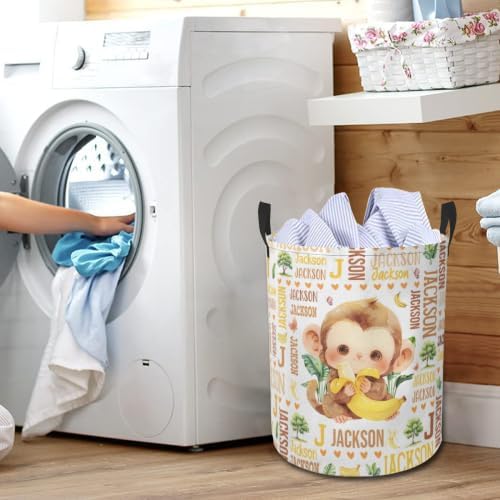 Monkey Laundry Basket,Custom Laundry Hamper with Name,Personalized Monkey Gifts for Boys Girls,Customize Collapsible Laundry Basket for Bedroom Bathroom,M-19.5"X 15.7"