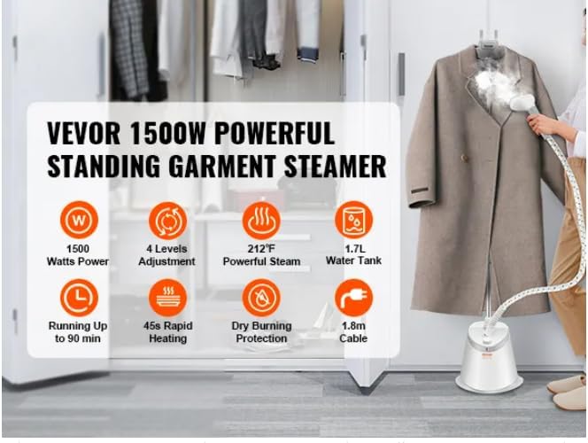 Standing Steamer with Garment Hanger, 1.7L Water Tank for 90min Continuous Steaming, Heats in 45 Seconds, Double-Insulated Steam Hose