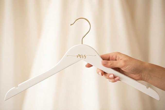 Mrs Hanger Engraved Gold | White Wood Wedding Hanger | Bridal Getting Ready Photo Prop | Wedding Dress Hanger | Bride Gift