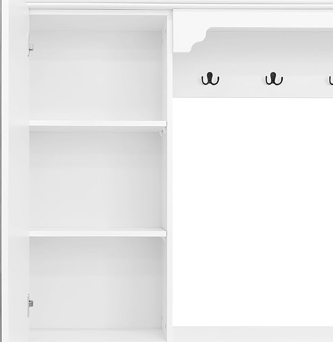 54.7'' Hall Tree with Integrated Shoe Cabinet and Mirrored Cabinet Door, Coat Hanger, Entryway Bench, 4 Hooks and 2 Cabinets, 4-in-1 Design Hall Tree with 2 Flip Drawers for Entrance, Living Room