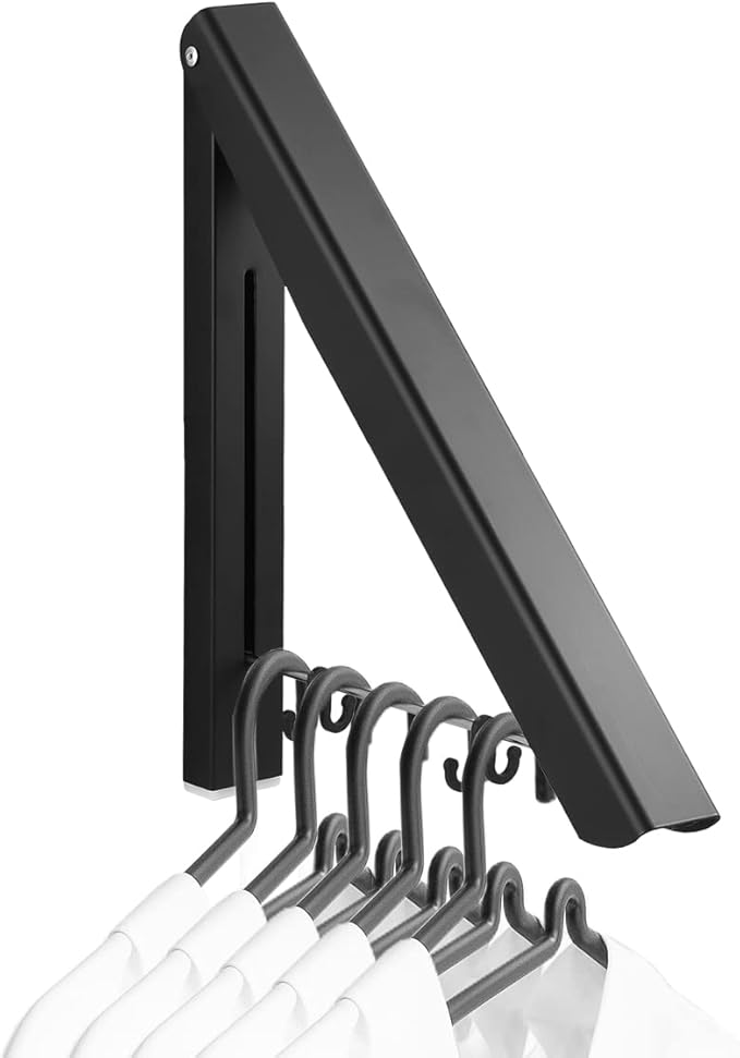 Wall Mounted Clothes Rack Retractable Hanger Space Saving Heavy Duty Wardrobe Hooks for Bathroom Balcony Aluminum, Black, 2-Pack