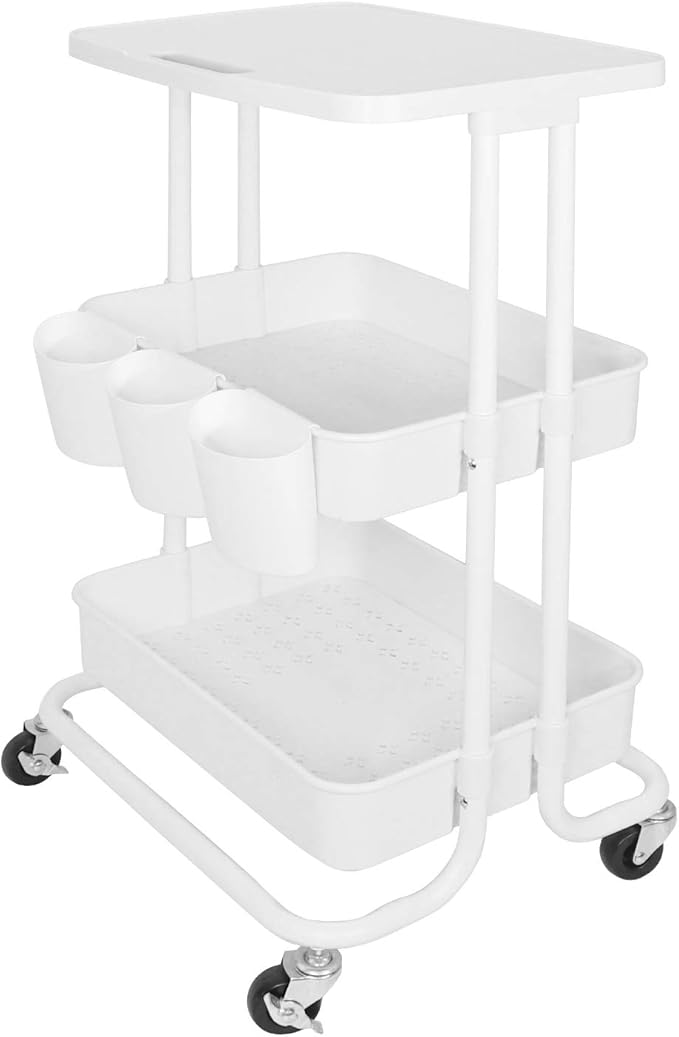 3 Tier Rolling Cart with Topper Storage Table Cart White Utility Cart with Cups & Hooks, Metal Frame with Plasitc Baskets, Functional Mobile Carts for Kitchen Pantry, Arts Supplies,Baby Essentials