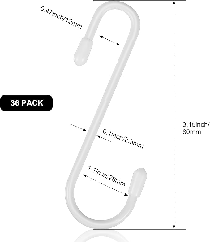 Hotop 36 Pcs White S Hooks for Hanging 3.15 Inch Heavy Duty S Shaped Hook Rack Metal Non Slip Hanger for Christmas Tree Stocking Kitchen Pot Utensils Closet Wire Bathroom Bedroom Pan Bag Towel Plant