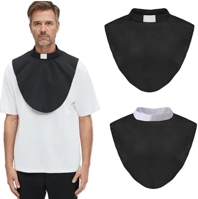 Black Color Unisex Clergy Tab Collar Clerical Bib Collar with Insert White Tab, 2pcs in Pack