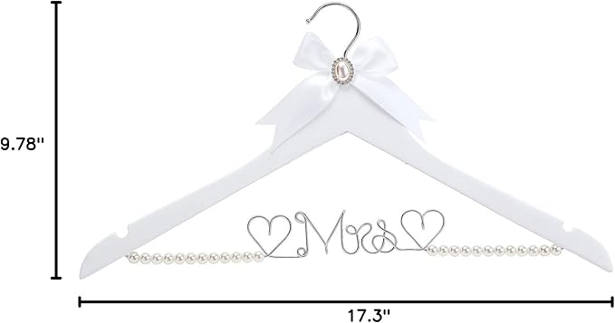 White Solid Wood Bridal Dress Hanger with Lady Wire Lettering for Bridal Wedding Party Gift (Pearl Silver Thread and White Hanger)