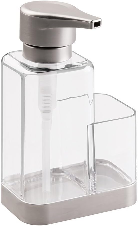 mDesign Modern Plastic Kitchen Sink Countertop Liquid Hand Soap Dispenser Pump Bottle Caddy with Storage Compartment - Holds and Stores Sponges, Scrubbers and Brushes - Clear/Brushed