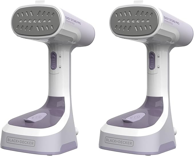 BLACK+DECKER Easy Store Pro Foldable Steamer, GS0311-0PD, 45-Second Heat Up, Extra Long Power Cord & Lint Remover Attachment, Powerful Steam Performance for Clothes, Drapes & Upholstery (Pack of 2)
