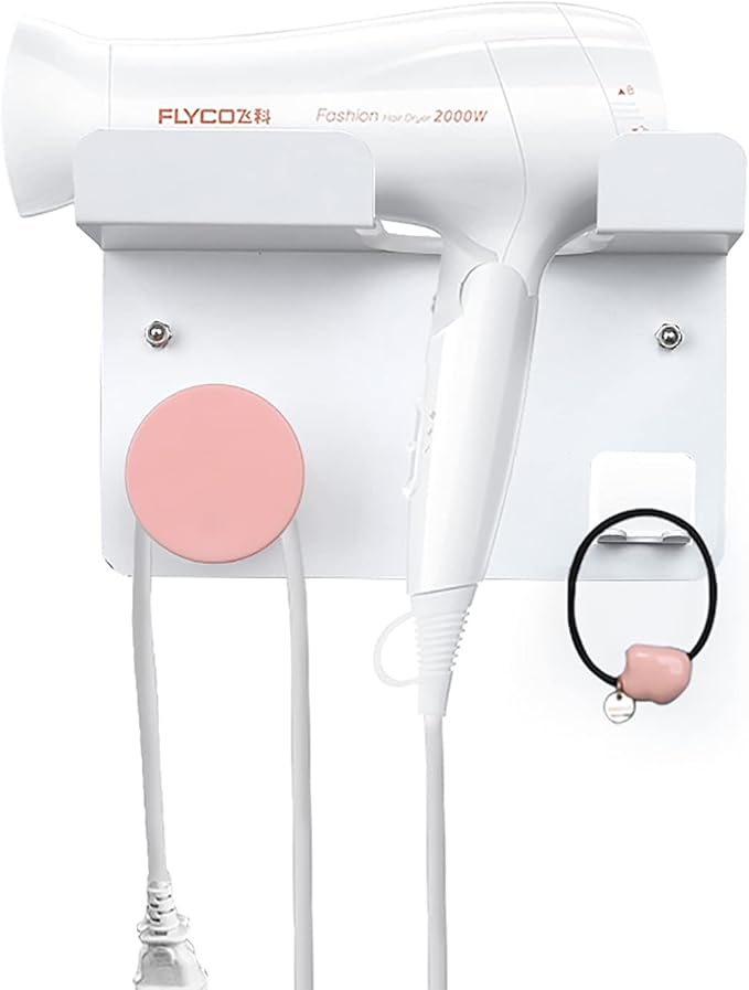 Hair Dryer Stand Holder Wall Mounted, New Upgrade Punching or Nails Free Glue Two Ways to Use,Blow Dryer Holder Rack Organizer for Dyson Supersonic Hair Dryer(White+Pink)