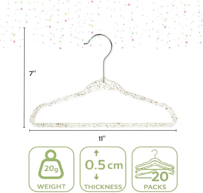 CONCEPTS 20 Pack Baby Hangers Kids Acrylic Non Slip Glitter Clothes Hangers for Toddler Infant Newborn Closet Organizer Small Hangers for Baby Clothes Pants Shirts Space Saving Nursery