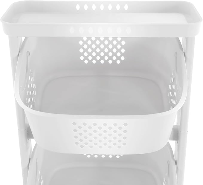 White Laundry Baskets 3 Tier White Rolling Laundry Hamper Cart with Wheels and Portable Storage Baskets Free Standing Clothes Laundry Basket Organizer for Bathrooms,Laundry Rooms