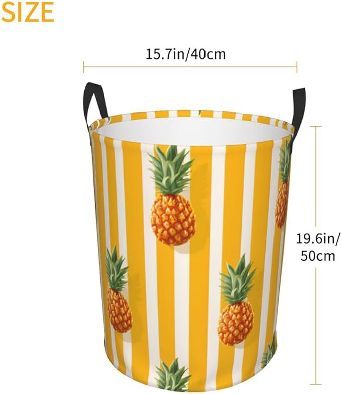 Tropical Pineapple Pattern with Yellow Stripes, Polyester Storage Basket, For Bathroom/Laundry Storage/Bedroom 19.6x15.7 Inch