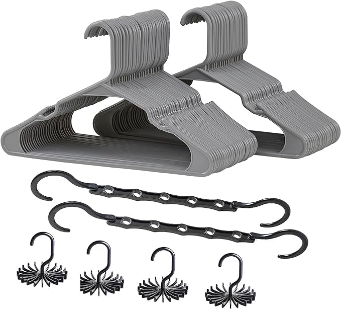 VECELO 50 Pack Plastic Hangers-Non Slip Clothes Hangers Set with Shoulder Grooves for Closet Space Saving-Heavy Duty Hanger for Suit Coat Pants Skirt Dresses