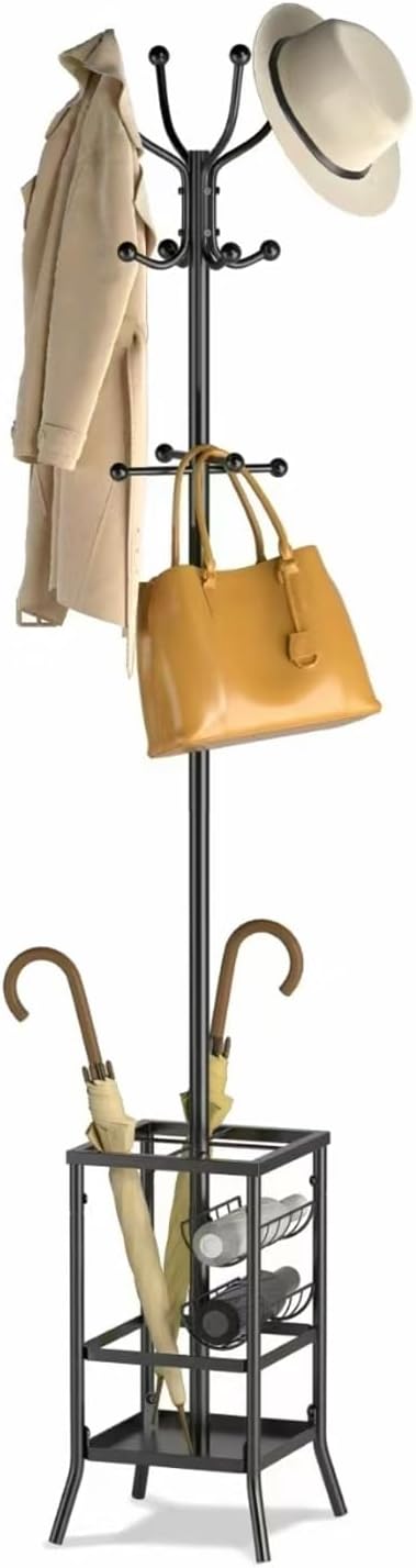Chiozza Coat Rack Freestanding, Metal Coat Tree with Umbrella Holder, Coat Hanger Stand with 12 Hooks, Standing Coat Rack Stand for Entryway Living Room Bedroom Office