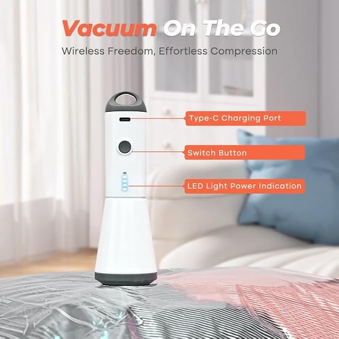 Vacuum Seal Bags for Clothing with Rechargeable Cordless Pump, 24 Pack Vacuum Storage Bags, Compression Packing for Clothes Bedding Blanket Pillows Comforters