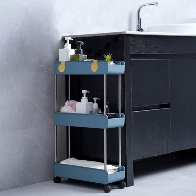 Melody House 3-Tier Slim Mobile Shelving Unit on Wheels, Slide Out Rolling Bathroom Storage Organizer, Utility Carts Shelf Rack for Kitchen Bathroom Laundry Room Narrow Places, Navy Blue