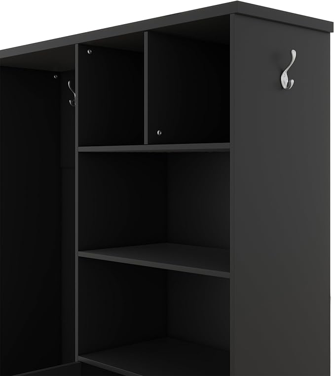 Modern Wood Entryway Hall Tree with Storage Shelves Drawers and Cabinet, Multi-functional Coat Rack Shoe Cabinet with Hooks and Bench for Entrance Entryways (Black-K27)
