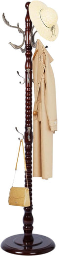 Solid Wood Coat Rack, Free Standing Hall Coat Tree with 14 Hooks, 3 Height Options, 300lbs Load, Stury Base, Clothes Rack for Entryway, Hallway, Bedroom (Disc Base - Metal Phoenix Hook)