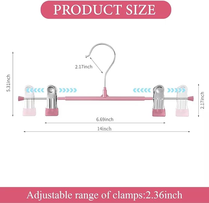 14Inch 30PACK Pants Hangers with Clips Adjustable Skirt Hangers for Women Metal Non-Slip Trousers Hanger Heavy Duty Space Saving Clothes Hanger for Shorts,Jeans,Pink