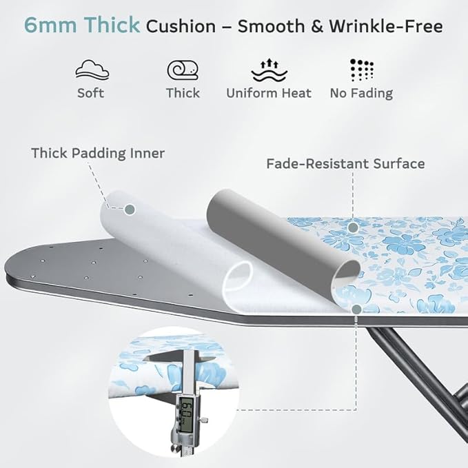 FIOBEE Ironing Board Cover and Pad Extra Thick Iron Board Pad with Heat-Resistant Mesh Padded Iron Board Covers Adjustable Buckle & Elastic Edges for 15x54 Standard Size Ironing Board, Light Blue