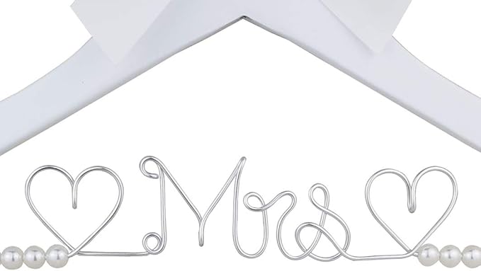 Bridal Dress Hanger Solid Wood Dress Hangers Mrs Letter Hanger Wedding Gift (White Coat Hanger Silver Thread Pearl)