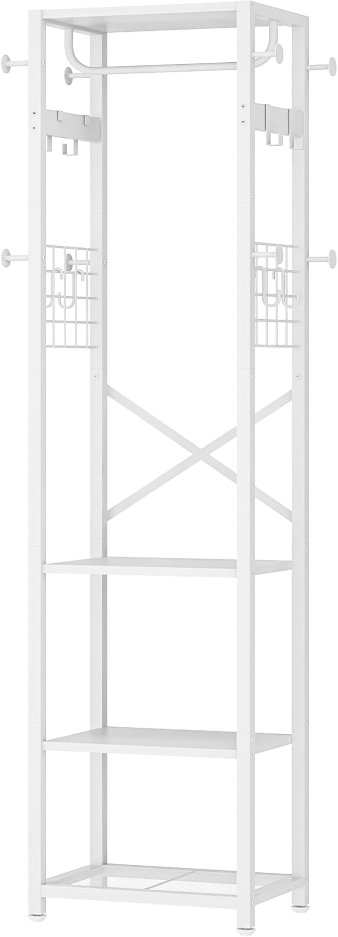 Coat Rack with Shelves, Freestanding Hall Tree, Coat Tree with 16 Hooks and Hanging Rail, Industrial Clothes Stand for Entryway, Hallway, Bedroom, White TYM18WB