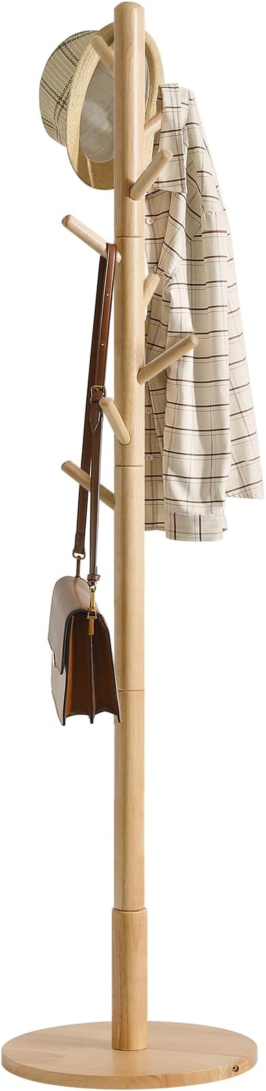 IBUYKE Coat Rack Stand, Freestanding Coat Tree with Solid Round Base and 8 Hooks, Easy Assembly Wooden Coat Hanger, Clothes Rack for Hallway Entryway, Living Room, Bedroom, Natural Color WD-115