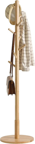 IBUYKE Coat Rack Stand, Freestanding Coat Tree with Solid Round Base and 8 Hooks, Easy Assembly Wooden Coat Hanger, Clothes Rack for Hallway Entryway, Living Room, Bedroom, Natural Color WD-115
