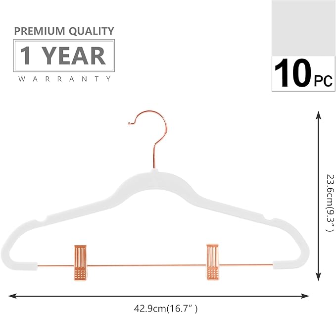 MIZGI Premium Velvet Pants Hangers with Clips (Pack of 10) Slim Skirt Hangers- Non Slip Felt Outfit Dress Hangers White - Copper/Rose Gold Hooks,Space Saving Shirt Clothes Hangers