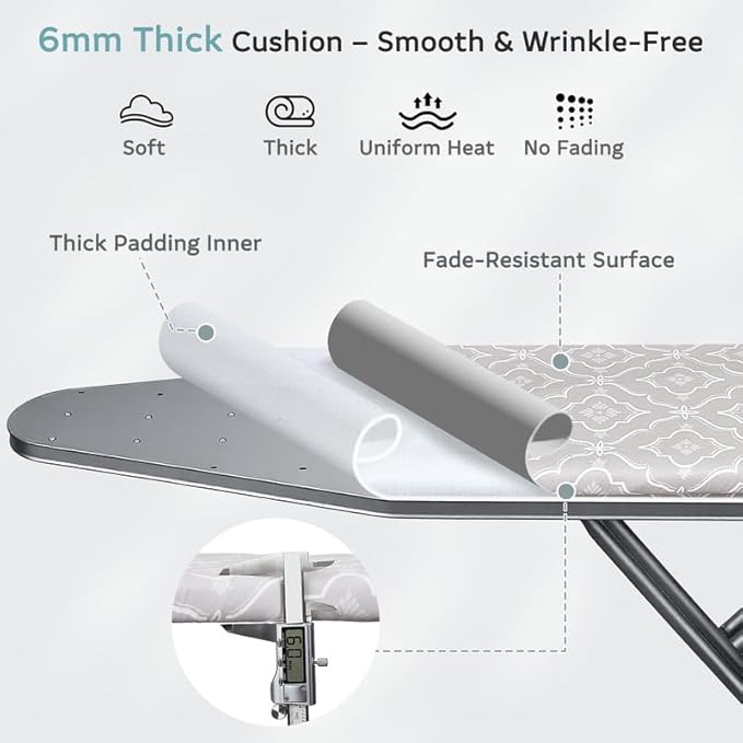FIOBEE Ironing Board Cover and Pad Extra Thick Iron Board Pad with Heat-Resistant Mesh Padded Iron Board Covers Adjustable Buckle & Elastic Edges for 15x54 Standard Size Ironing Board, Grey Geometric