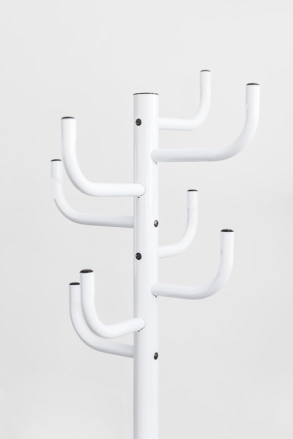 White Coat Rack-8 Hooks Freestanding Metal Coat Stand, Stable Coat Hanger Tree for Bags, Jacket, Clothes, and Hats - Sturdy Metal Construction 19.7x19.7x72.5 in. Entryway Organizer for Home or Office